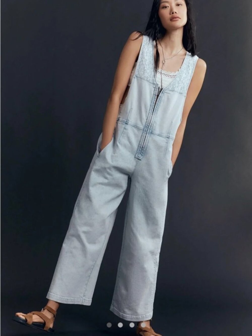 Anthropologie Pilcro Front Zip Wide Leg Denim and Lace Jumpsuit Medium